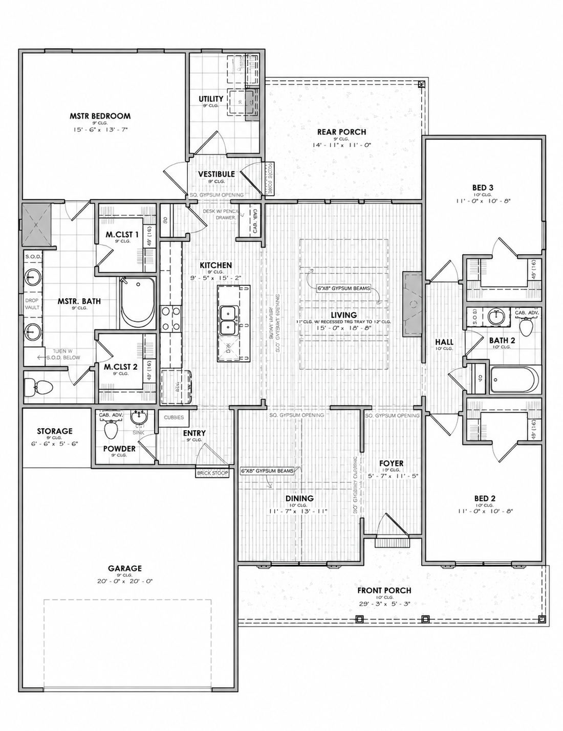 Floor plan for 103 Embark Lane, Youngsville LA — 3 bedroom, 2.5 bath Central Village III plan by Manuel Builders